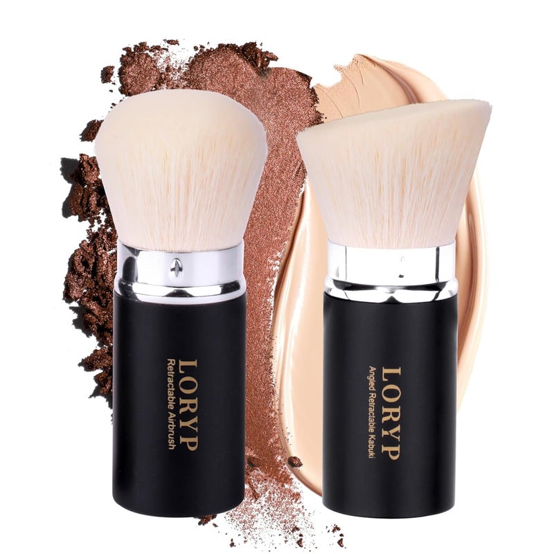 LORYP Retractable Makeup Brush Matte Black Kabuki Foundation Brush for liquid Cream and Powder Makeup 2 Pack Travel Makeup Brush Set - Image 1